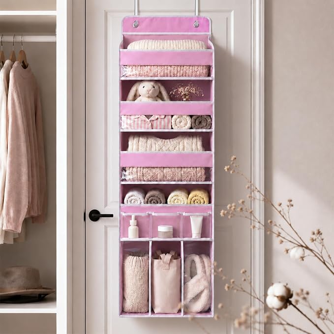 Door Hanging Storage Organizer with 3Bins1 Movable Baby Diaper Caddy,1Large capacity diaper stacking storage Organizer,10Side Pockets,Suitable to Store All Items,Bedroom Nursery Essentials. (Pink)