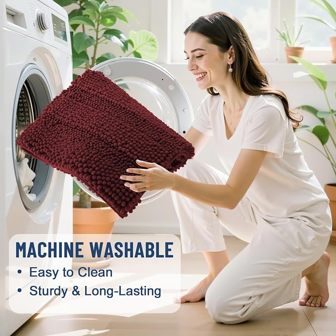 Grandaily Chenille Striped Bathroom Rugs 36x24, Extra Thick and Soft Absorbent Bath Mats, Rubber Backing, Plush Shaggy Shower Carpet, Machine Wash Dry, Bath Rug for Bathroom, Reddish Brown