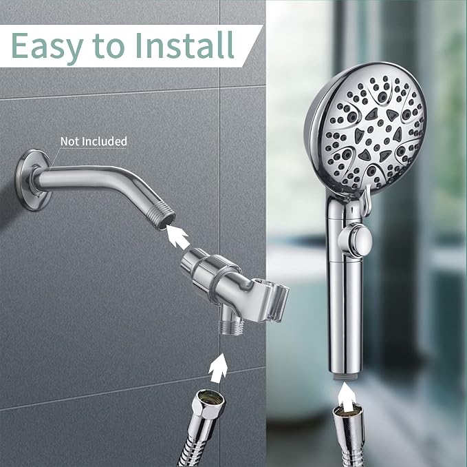 Handheld Shower Heads with ON OFF Switch,Extra Long 79-inch Hose 8 Spray Settings High Pressure Detachable Showerhead,Built-in Power Sprayer to Clean Pets, Adjustable Angle Bracket,Silver