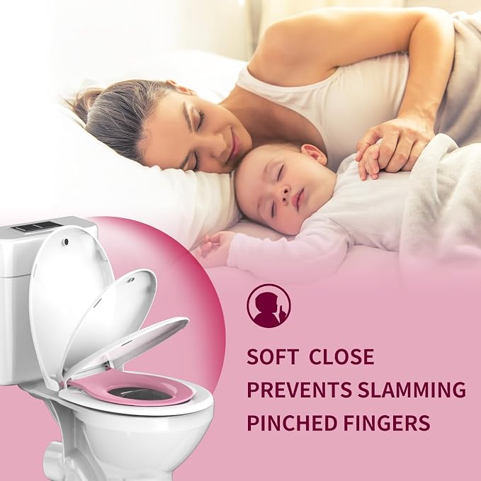 Potty Training Seat for Adults & Kids , 2-in-1 Round Toilet Seat with Toddler Seat, Soft Close Lid & Easy Install , 16.5inch,PP Safe Material,Pink
