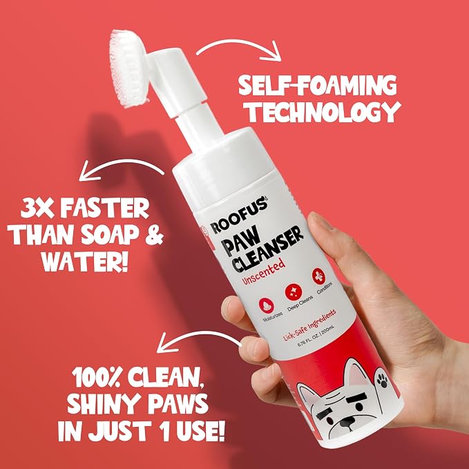 Dog Paw Cleaner for Dogs & Cats, No Rinse Foaming Paw Wash with Silicone Brush, Gentle Unscented Foam Cleanser for Muddy, Dirty Paws, Cleans Between Toes, No Water Needed (5 fl oz)