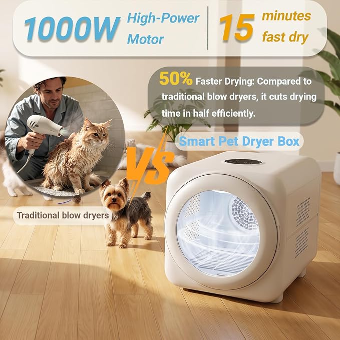 Automatic Pet Dryer Box, 360° Airflow Cat Dryer, Ultra Quiet, Temperature Control, Adjustable Wind Speed, 3 Million Negative Ions, 65L Large Capacity for Cats & Small Dogs