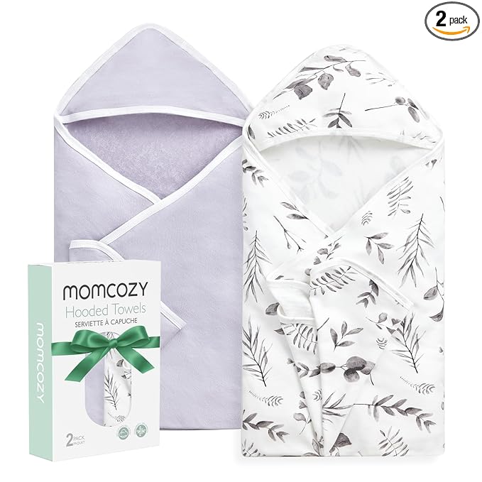 Momcozy Baby Hooded Towel-Made from Cotton, Suitable for Newborn Shower Gifts, 2 Count (Pack of 1), 28 X 28 Inch, Ink Wash Leaves