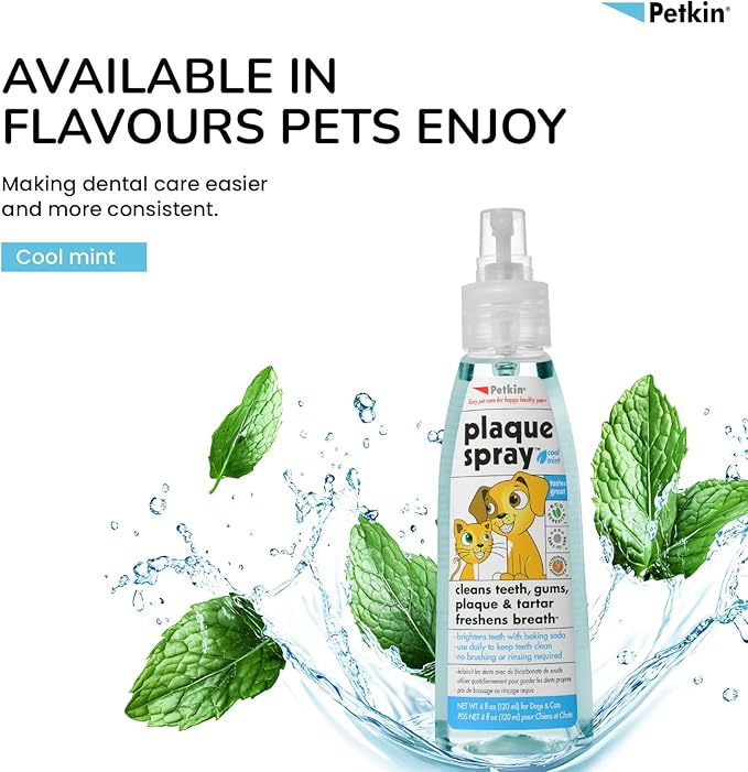Petkin Plaque Spray, Cool Mint, 4 Fl Oz – Cleans Teeth & Gums, Removes Plaque & Tartar, Freshens Breath & Whitens Teeth with Baking Soda - Ideal Cat & Dog Dental Spray with No Brushing or Rinsing