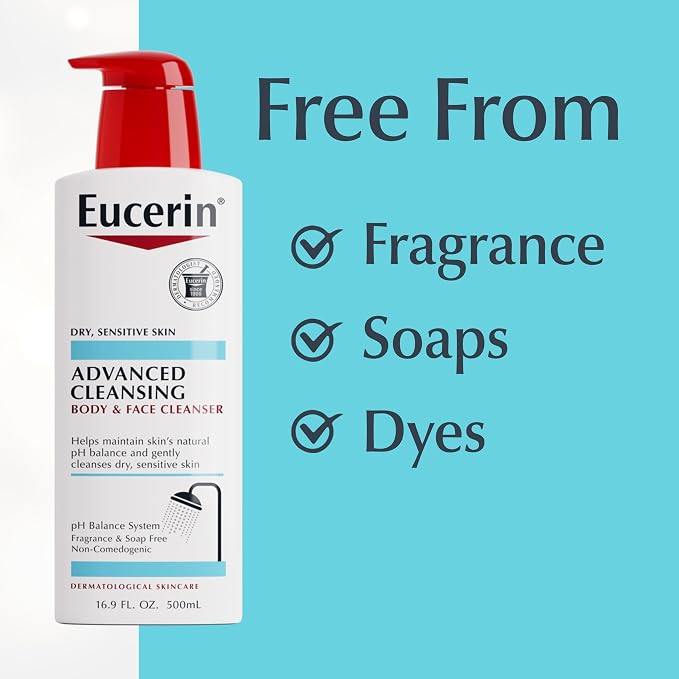 Eucerin Advanced Repair Cleansing Body and Face Cleanser, Gentle Face and Body Wash for Normal to Dry, Sensitive Skin, Soap Free and Unscented, 16.9 FL OZ Bottle