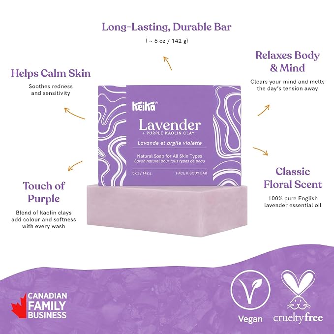 Keika Lavender Soap Bar with Purple Kaolin Clay for Face & Body, Natural Relaxing Spa Bath & Shower Cleanser, 5 oz.