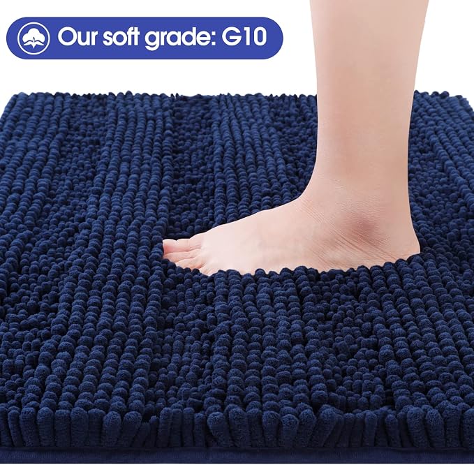 ACCUMTEK Striped Navy Blue Bathroom Rug Mat 48"x20" Ultra Soft, Non Slip Chenille Bath Rugs, Absorbent Plush Shaggy Bath Mats for Bathroom, Bedroom, Kitchen, Shower, Tub