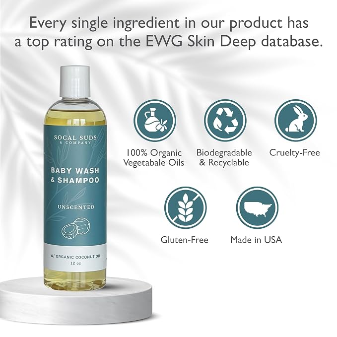 SoCal Suds & Company Organic Baby Shampoo and Body Wash - 2-in-1 Castile Soap, Hypoallergenic, Sensitive Skin, Natural Soap, Toddler Shampoo, Infant, Newborn, Kids Body Wash - 12oz Fragrance Free