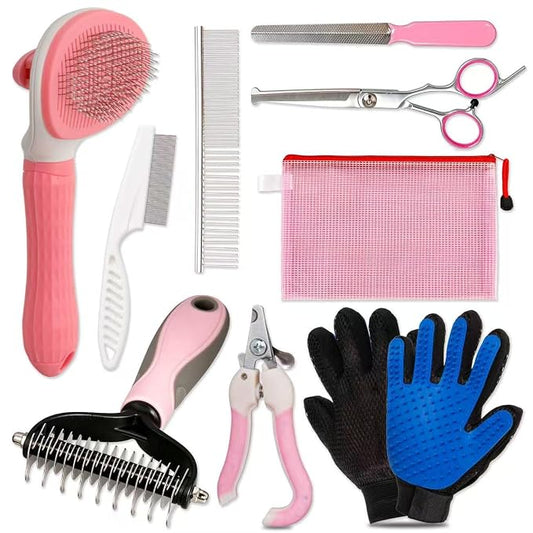 Dog Brush for Shedding 10 Pcs Set, Pet Grooming Kit Tools Pet Nail Clippers Nail Files Flea Comb, Pet Undercoat Long Hair Brush Suitable for Dogs and Cats (Pink)