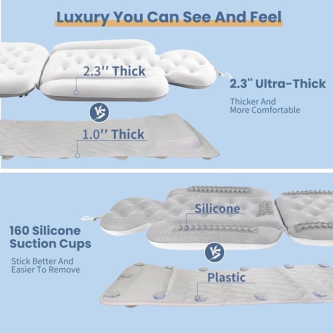 Luxury Bath Cushion, Full Body Bathtub Pillow with 160 Suction Cups, Bath Mat for Head and Neck Support, with Laundry Bag (White, 51" x 16")