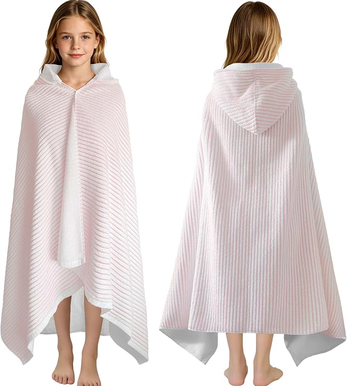 VOOVA & MOVAS Hooded Bath Towels for Teens/Big Kids (8Years Up) | Soft Absorbent 100% Cotton Thick Towel Wrap | Versatile Beach, Pool, Swim & Bath Cover-Up | Pink White