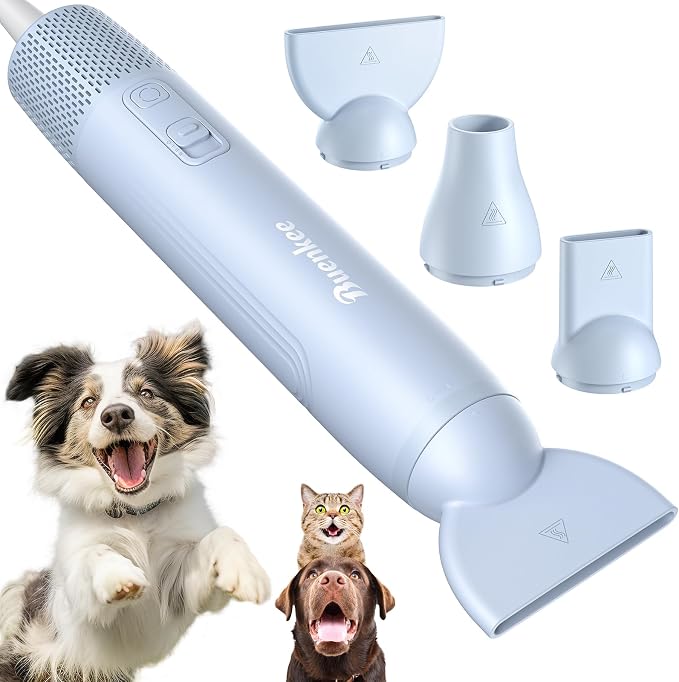 Buenkee Handheld Dog Dryer, 3HP High-Velocity Pet Hair Blower, Blue | 12 modes with 3 speeds and 4 temps, 1.2 lb lightweight, quiet under 65 dB, portable for home and travel, includes 3 nozzles