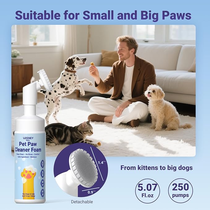 Pet Paw Cleaner, No-rinse Dog Paw Washer, Waterless Foam Foot Cleanser for Larger Dogs&Small Dogs&Cats, Built-in Scrubber Brush for Dirty and Muddy Paw, Safe Ingredient, pH-balanced, 5.07 fl.oz