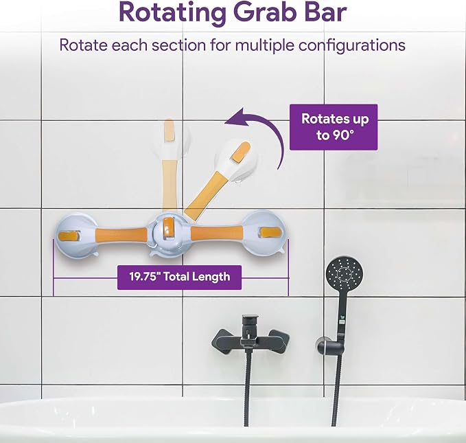 Rotating Suction Grab Bar for Shower and Bathtub - Tool Free Suction Cup Bath & Shower Handles with Color Coded Secure Locking Latches - Bathroom Wall Safety Grab Bars for Seniors and Elderly