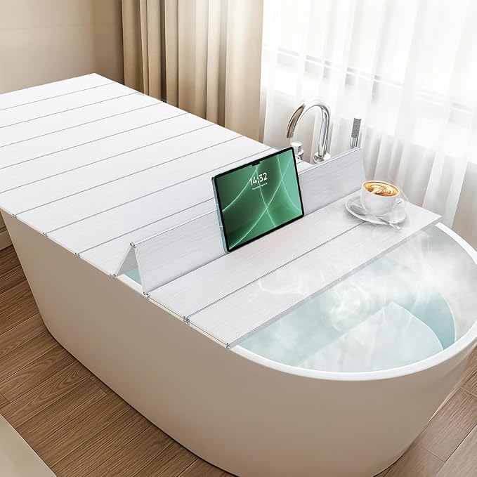 Foldable Bathtub Cover, 71 x 31.5 in Bath Tub Tray Waterproof, Folding Bath Cover Insulation Table Dust Board, PVC Shutter Bathtub Lid Plate Fits Most Tubs for Bathroom Shower, White