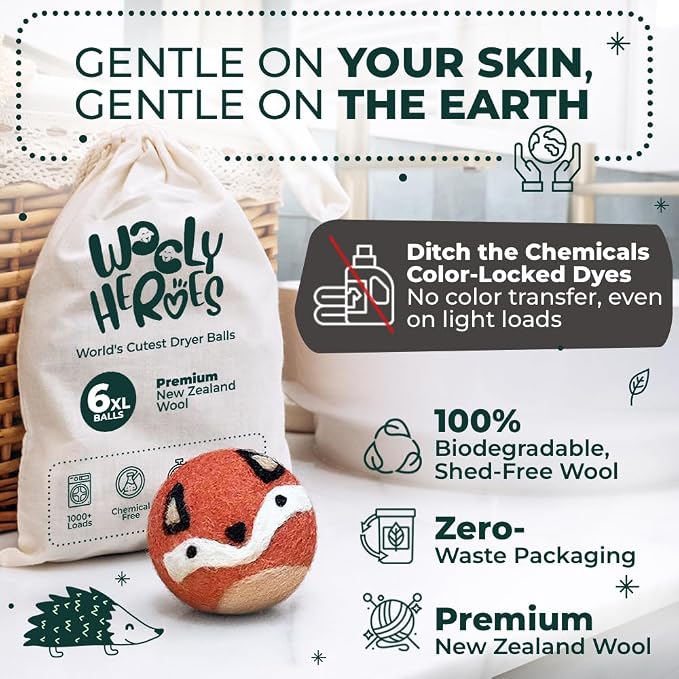 Chemical Free & Baby Safe! Reusable Wool Dryer Balls XL 6-Pack - Reduces Static, Cuts Dry Time, & Softens Naturally