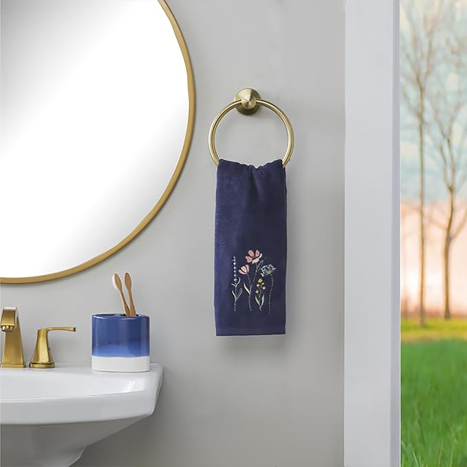 SKL Home Wildflower Field 100% Cotton Embroidered 2pc Hand Towel Set, Decorative for Bath/Kitchen/Bar & Gift, Navy