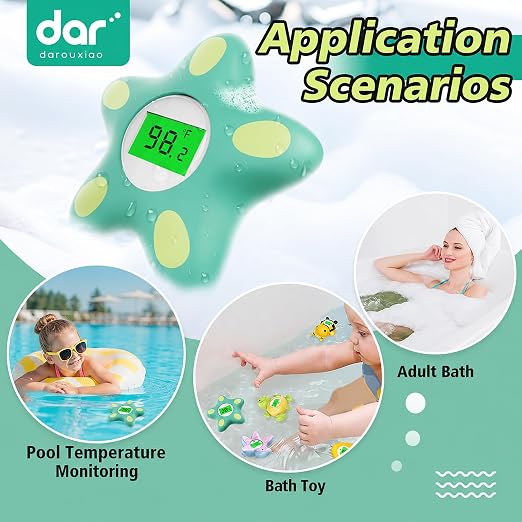 Baby Bath Thermometer for Infant & Toddler, Floating Digital Water Temperature Thermometer with 3-Color LED Backlight, Instant Accurate Reading,Baby Bath Toy,Hot & Cold Alert（Green starfish）