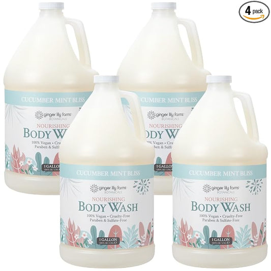 Ginger Lily Farms Botanicals Nourishing Body Wash, 100% Vegan & Cruelty-Free, Cucumber Mint Bliss Scent, 1 Gallon (Pack of 4)