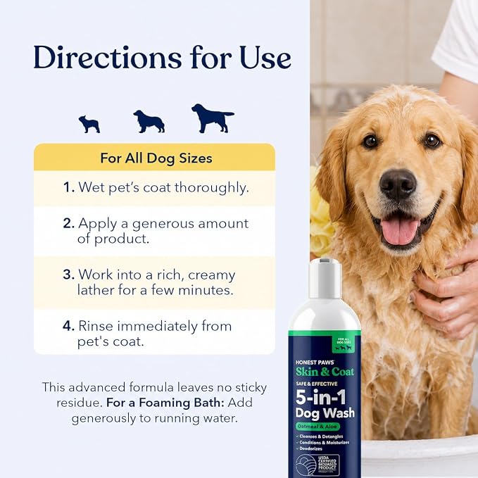 Honest Paws Dog Shampoo and Conditioner - Premium Dog Wash for Allergies and Dry, Itchy, Moisturizing for Sensitive Skin - Sulfate Free, Plant Based, All Natural - Oatmeal & Aloe -16 Fl Oz