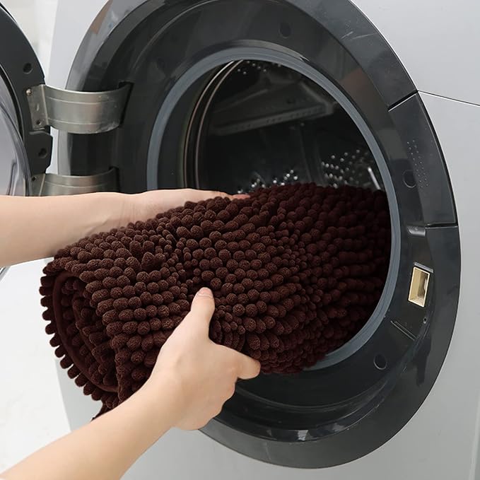 ACCUMTEK Striped Brown Bathroom Rug Set 3 Pieces Ultra Soft, Non Slip Chenille Toilet Mat, Absorbent Plush Shaggy Bath Mats for Bathroom, Bedroom, Kitchen