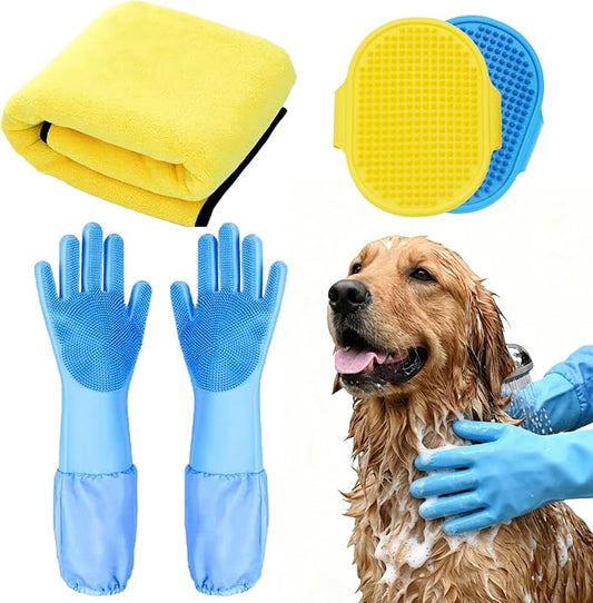 Premium Dog Towels for Drying Dogs & Cats, 39.3''X19.6'', Efficient Pet Hair Removal Gloves, Dog Bath Brush, Pet Grooming Bath Supplies Set for Pets of Different Sizes, Super Absorbent, Indoor Outdoor