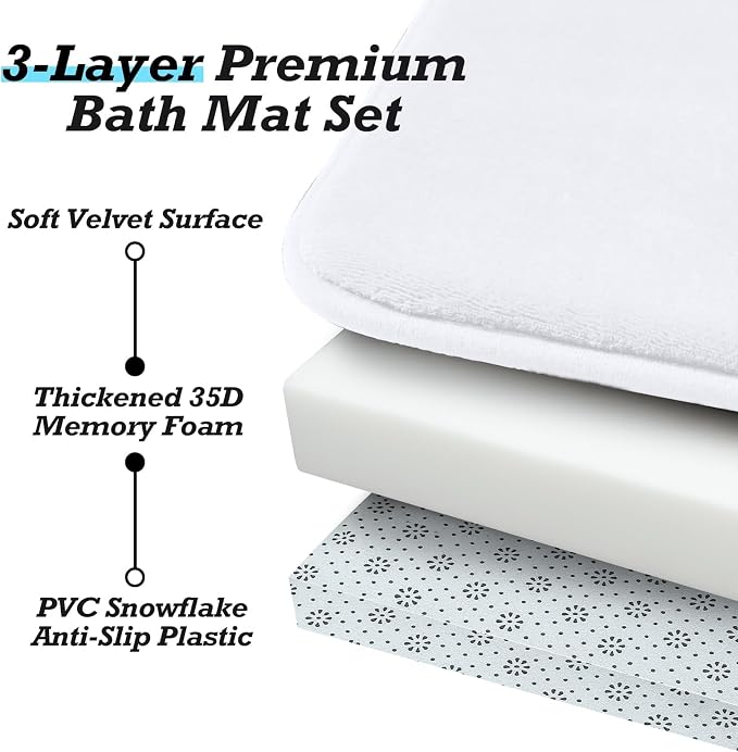 HUXMEYSON Bathroom Rugs Sets 3 Piece, Non-Slip & Quick Dry Bath Mat Set, Ultra Soft Velvet Bath Rugs for Bathroom, Toilet and Shower Floor, White