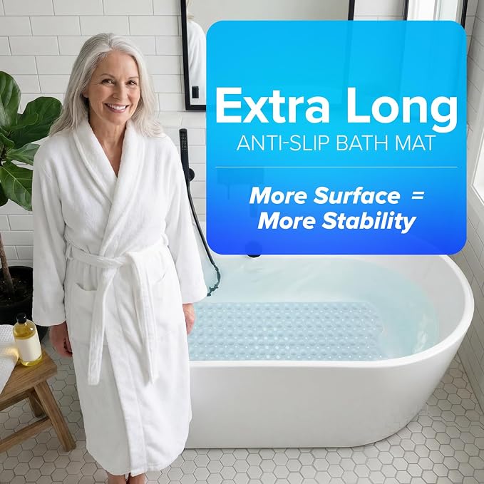 SlipX Solutions Power Grip Extra Long Bath Tub & Shower Mat 39x16, Wet Floor Non-Slip for Elderly & Kids Bathroom, 30% Longer Bathtub Mats, 200 Suction Cups, Drain Holes (White)