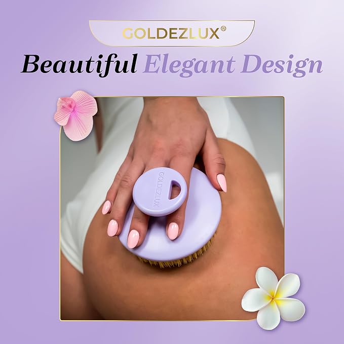 GOLDEZLUX® Dry Body Brush Cruelty-Free Firm Bristles Exfoliate Promote Smooth Skin, Dry Brushing Stimulate Blood Flow, Lymphatic Drainage, Prevent Ingrown Hair - Large Size & Comfortable Grip (Purple)