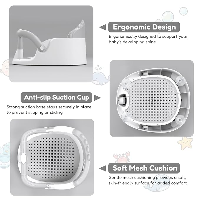 Baby Bath Seat for Babies 6 Months & Up Sitting Up | 360° Stable Toddler Bath Chair with One-Touch Button | Baby Bath Tub Seat with Suction Cups | Open Design, Compact, Detachable, Non-Slip(Grey)