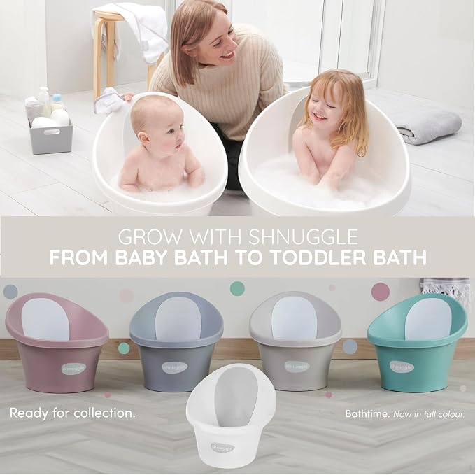 Shnuggle Newborn Baby Bath | Built in Support Bump and Soft Backrest | Suitable from Newborn | Bath Seat Support Includes Plug | Pebble Grey