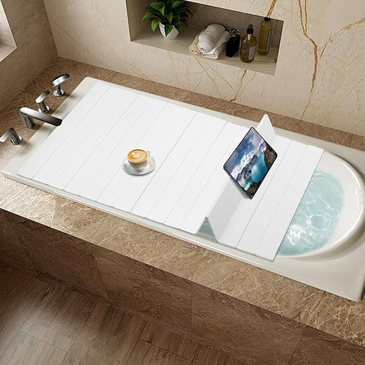 71x32in Bath Lid Cover Bathtub Tray, Foldable Bathtub Cover Bath Insulation Cover, PVC Dustproof Shutter Bath Lid fit Most Tubs, Can Hold Wine Glass, Books, Tablets, Cellphones