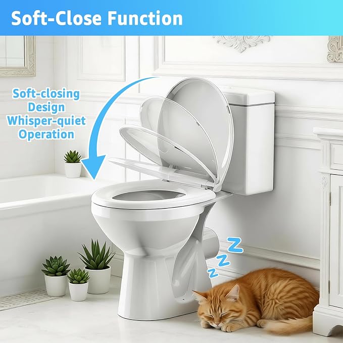 Huttdmel Round Toilet Seat 16.5", Soft Close Quiet Lid, Top & Bottom Mount, Never Loosen Hinges, Easy Install, Heavy Duty PP No Yellowing, Fits Standard Round Toilets, White