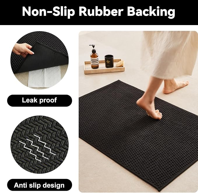 Triohero Bathroom Rugs Non Slip Washable, Super Absorbent Thin Bath Mat Small Quick Dry Low Pile Bathroom Rug, Black 20"x30"
