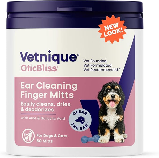 Vetnique Oticbliss Dog & Cat Ear Wipes, Finger Mitt Ear Cleaner for Odor | Dual-Sided Finger Mitt Ear Cleaning & Grooming Wipes With Salicylic Acid & Aloe Vera, Remove Wax, Dirt & Odor, Cat-Safe