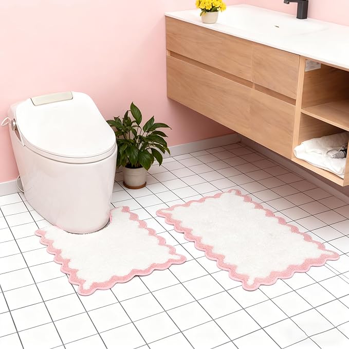 ORTIGIA Cute Scalloped Bathroom Rugs Set,Pink Plush Microfiber Scallop Bath Mats Non Slip Washable Quick Dry Absorbent Rug Carpet for Sink Laundry Room Bedroom,20" x 30" + U Shape 20" x 24"