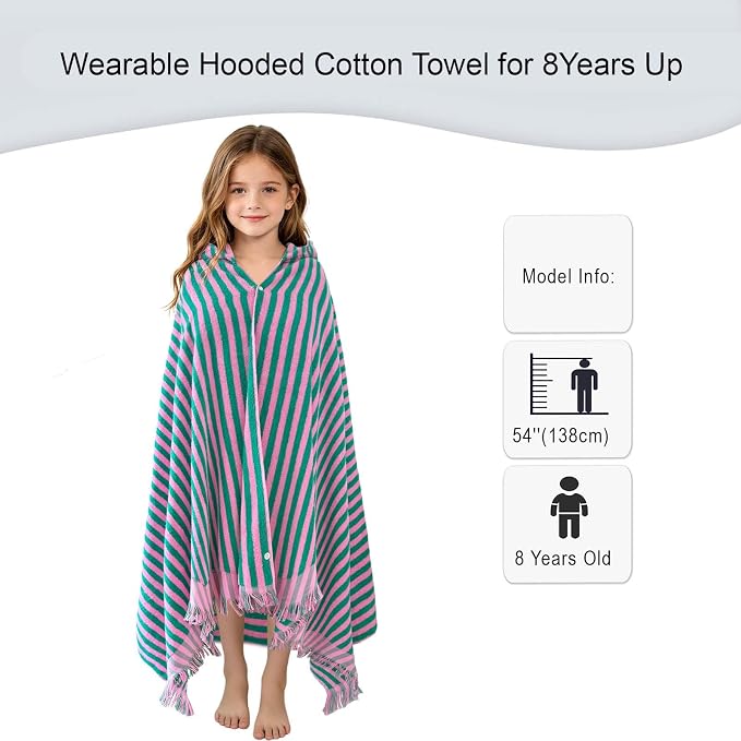 VOOVA & MOVAS Hooded Bath Towels for Teens/Big Kids (8Years Up) | Soft Absorbent 100% Cotton Thick Towel Wrap | Versatile Beach, Pool, Swim & Bath Cover-Up | Pink Green