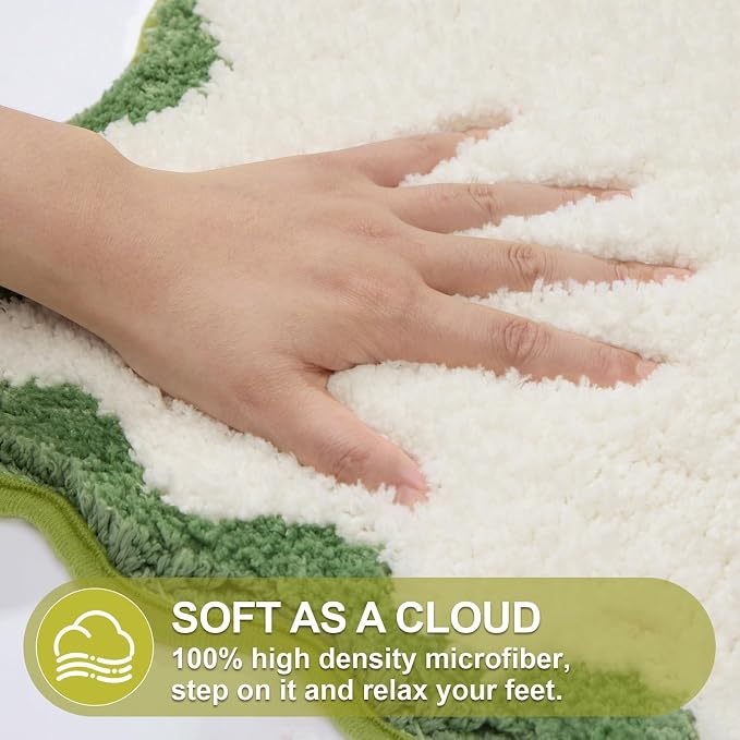 ORTIGIA Long Cute Scalloped Bathroom Rugs Runner, Fun White and Green Plush Microfiber Scallop Bath Mats Non Slip Washable Quick Dry Absorbent, Rug Carpet for Bathtub Sink Laundry Room Bedroom, 17x47