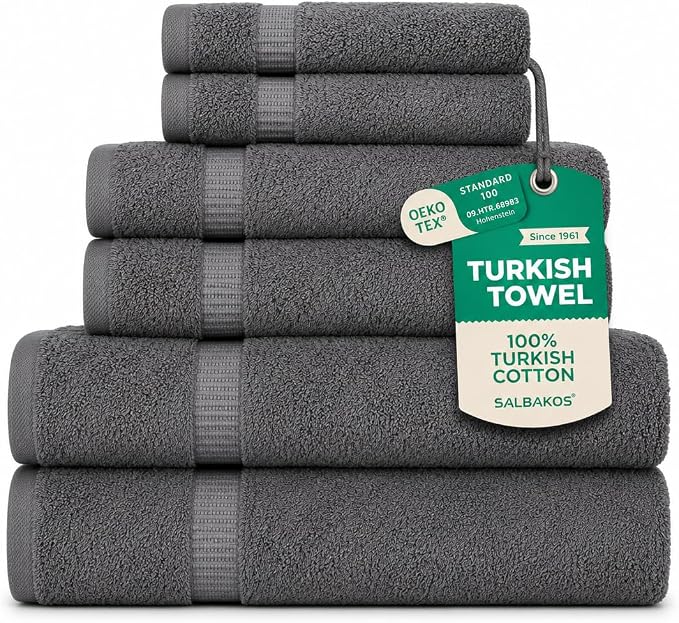 SALBAKOS 100% Turkish Cotton Towel Set of 6 Piece Gray | Premium Quality Hotel & Spa Collection 2 Washcloth, 2 Hand, 2 Bath Towel Sets for Bathroom | Made in Turkey (Gray, 6 Piece Towel Set)