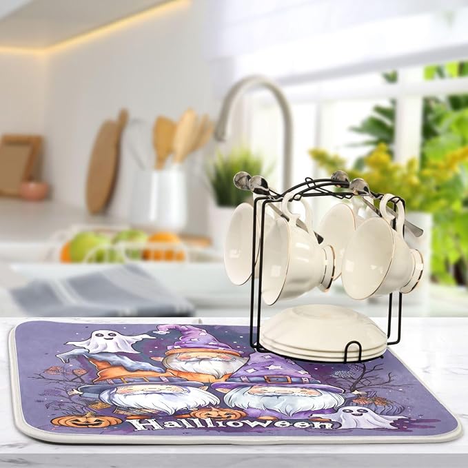 Halloween Gnome Ghosts Cute Absorbent Dish Drying Mat, Dishes Drainer Protector Pad Pot Holder for Kitchen 18 x 24 Inch