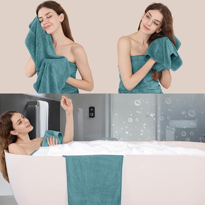 Turquoise Bath Towels Set of 4, Oversized Towels Large 35x70 Inch Shower Bathroom Towels Highly Absorbent Quick Dry Towel Textured Soft Bath Sheet Towels Set for Bathroom Hotel SPA Fitness Camping