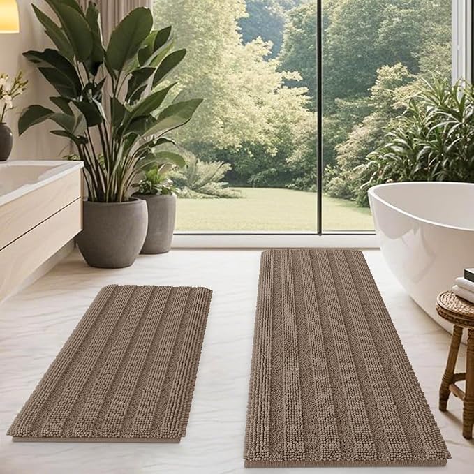 ACCUMTEK Striped Dark Beige Bathroom Rug Mat Set 2 piece 24"x17"+48"x20" Ultra Soft, Non Slip Chenille Bath Rugs, Absorbent Plush Shaggy Bath Mats for Bathroom, Bedroom, Kitchen, Shower, Tub,Taupe