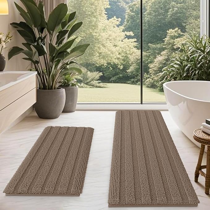 ACCUMTEK Striped Dark Beige Bathroom Rug Mat Set 2 piece 32"x20"+60"x20" Ultra Soft, Non Slip Chenille Bath Rugs, Absorbent Plush Shaggy Bath Mats for Bathroom, Bedroom, Kitchen, Shower, Tub,Taupe