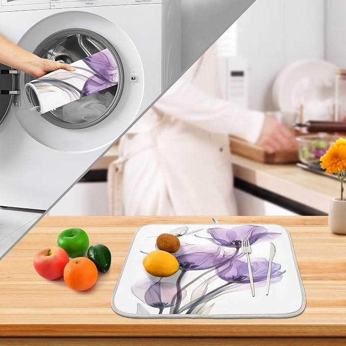 Purple Tulips Flower Dish Drying Mats for Kitchen Counter Small Drying Mat for Dishes Microfiber Dish Rack Mat Drainer Pad Washable Foldable Ultra Absorbent Dry Mat 18"x16"