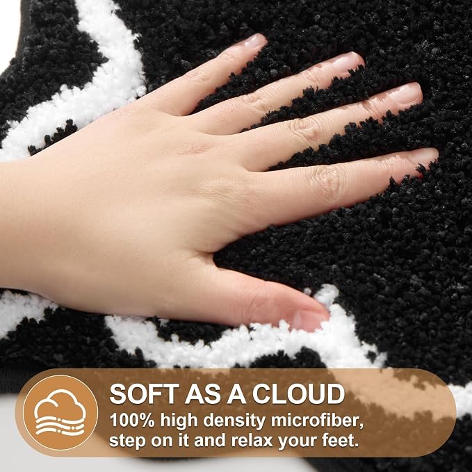 ORTIGIA Black Bath Mat with White Scallop Non Slip, Quick Dry Bath Rug Absorbent Soft Plush Microfiber Bathmat for Bathroom Floor Carpet for Sink Bedroom, 17x47