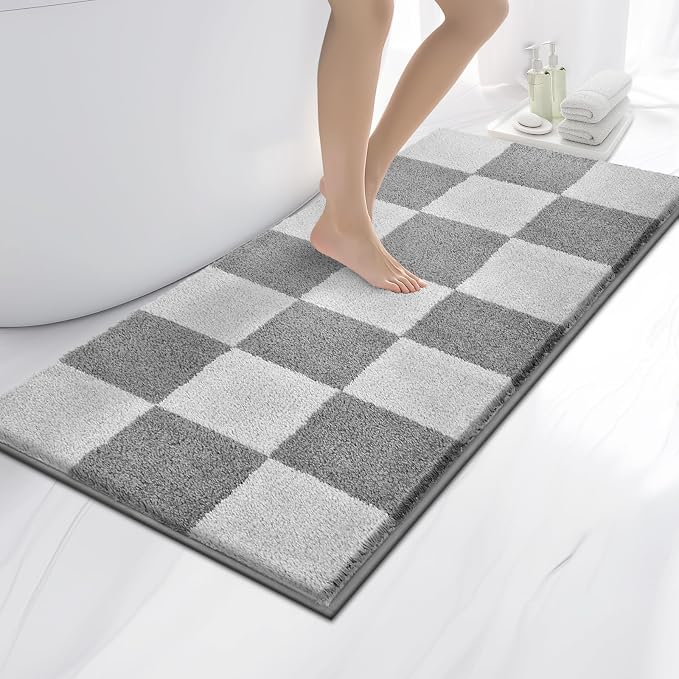 anllugs Bathroom Rugs 24" x 60", Non-Slip Extra Soft Absorbent Bath Rugs, Machine Washable Quick Dry Bath Mats for Bathroom Floor, Shower, Bathtub and Sink, Checkered Light Grey & Grey