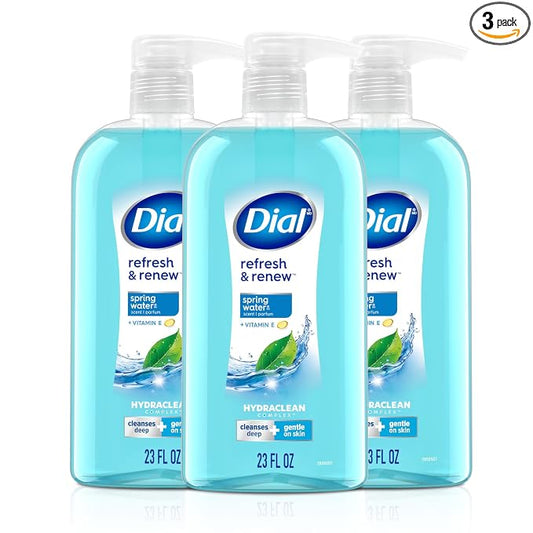 Dial Body Wash, Refresh & Renew Spring Water, 23 Fl Oz (Pack of 3), Hydraclean Complex & Vitamin E, Gentle, Leaves Skin Feeling Nourished, Dermatologist-Tested, No Parabens & Sulfates
