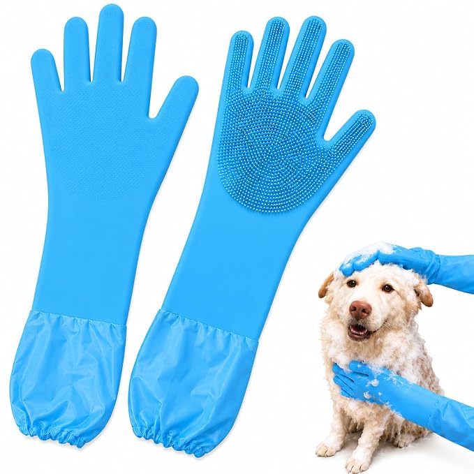 Dog Washing Gloves for Bathing, Thicker Pet Grooming with Extended Elastic Cuff, Silicone Bath Gloves with Soft Massage Bristles for Cats & Dogs