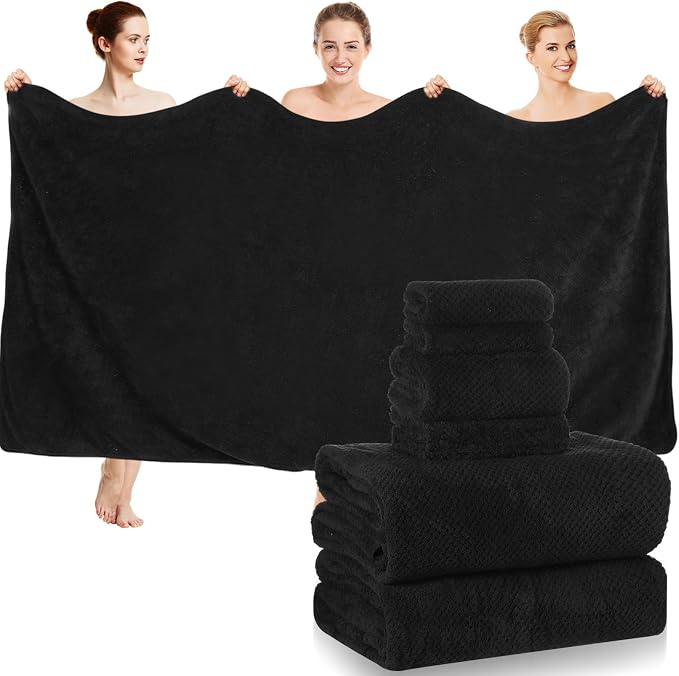 Peryiter 6 Pcs Bath Towel Set Oversized Bath Sheet Super Soft Microfiber Bathroom Sheets for Adults Quick Dry Highly Absorbent Shower Towel Sets for Bathroom Dorm Spa Gym Hotel Yoga(Black)