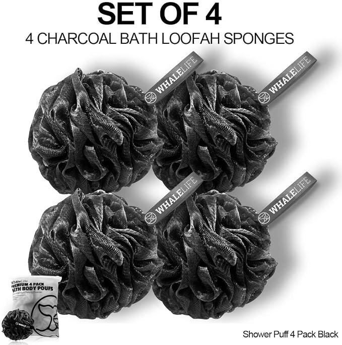WhaleLife Loofah Bath Sponges - Black Gentle Exfoliating Shower Loofah for Rich Lather, Durable Mesh Body Scrubber for Men & Women 4 Pack
